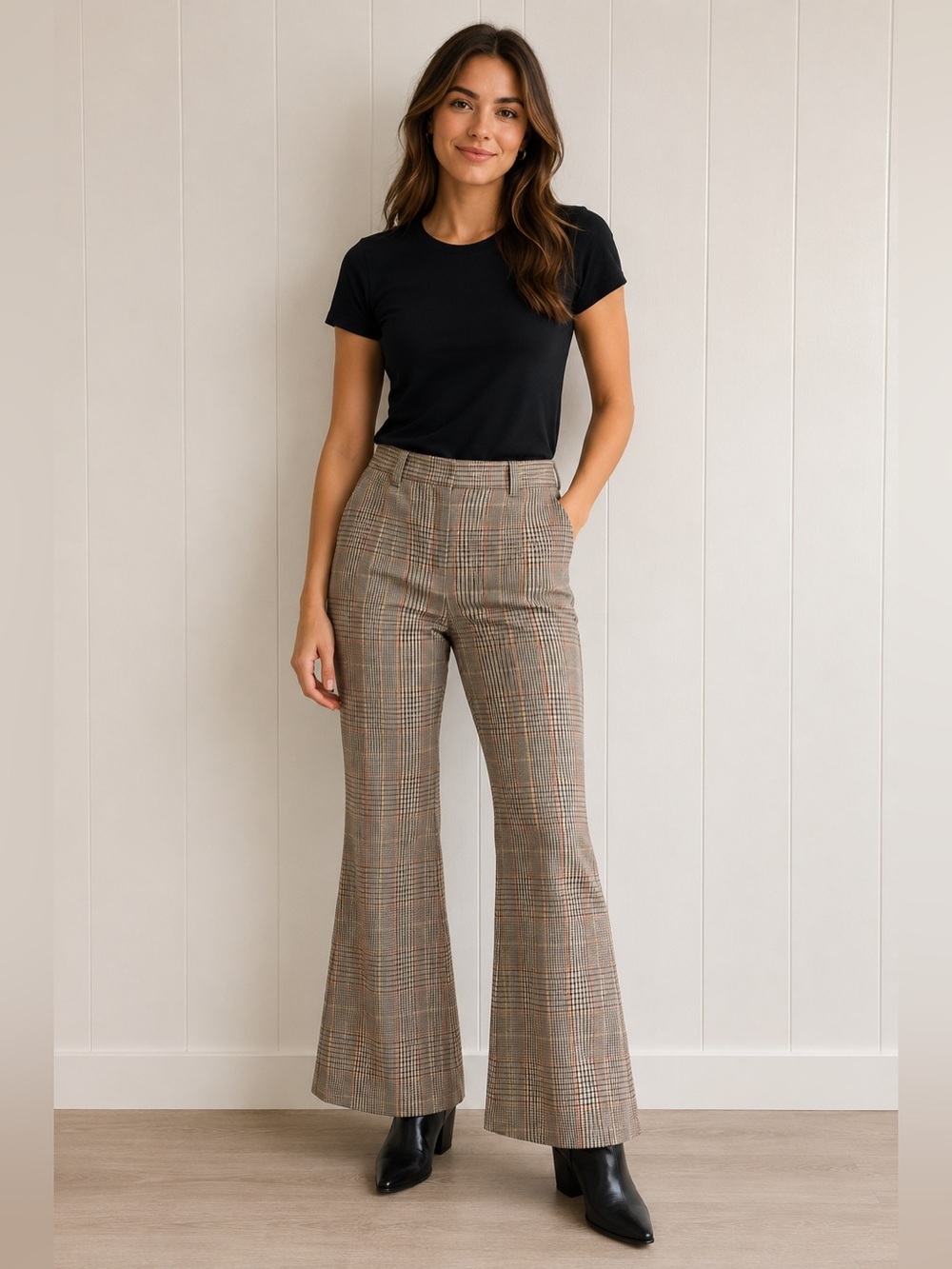Isaac Mizrahi Pants Plaid Boot Cut Cotton Modern Retro 70s Inspired Size 8